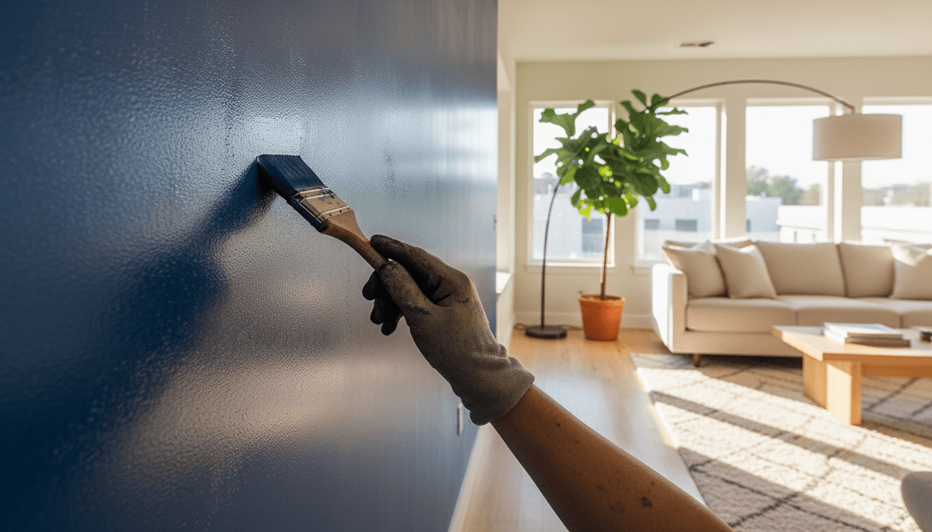 Fresh interior paint application on accent wall with natural light