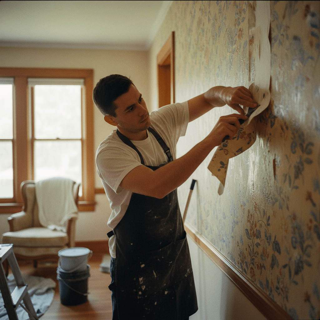 Wallpaper removal process, interior preparation