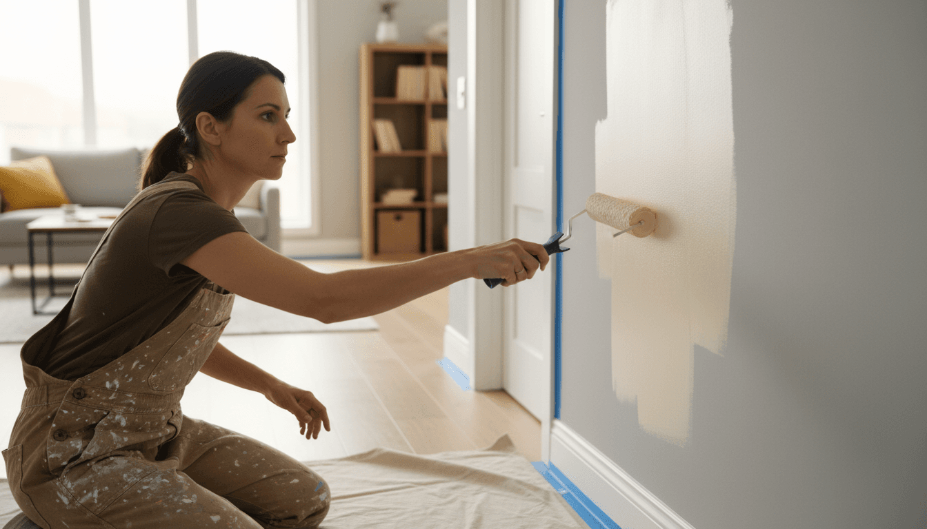 Professional painter applying fresh interior paint to wall