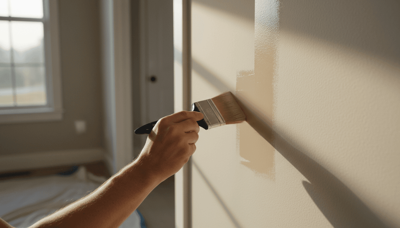 Professional painter applying interior wall paint with precision brush technique